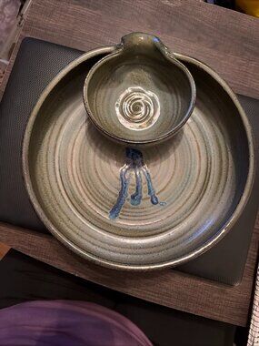 Studio Art Pottery Handmade Chip/Dip Veggie Bowl W/ attached Platter Blue Glaze.